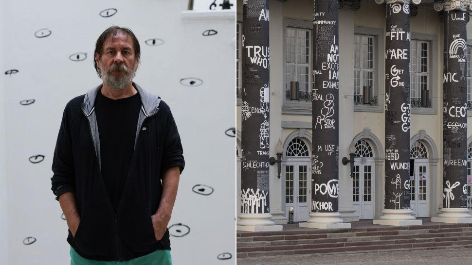 colaj dan perjovschi și coloane cu desenele lui dan perjovschi