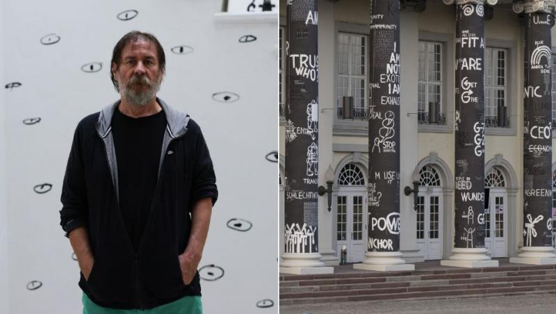 colaj dan perjovschi și coloane cu desenele lui dan perjovschi