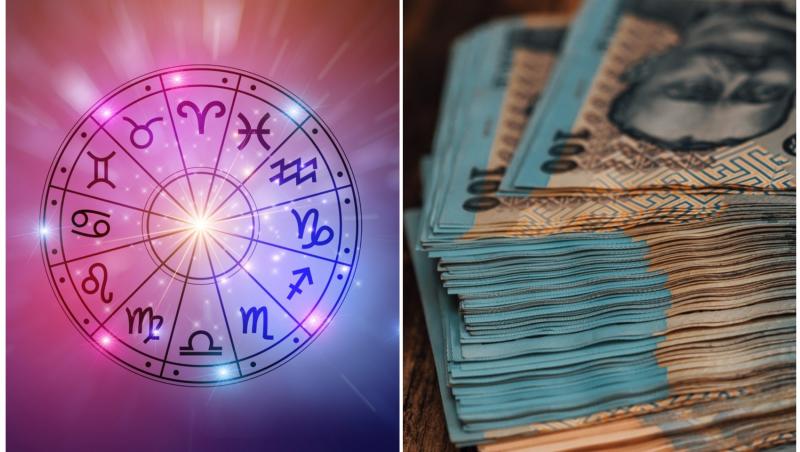 colaj foto cu teanc de bani si cerc cu cele 12 zodii