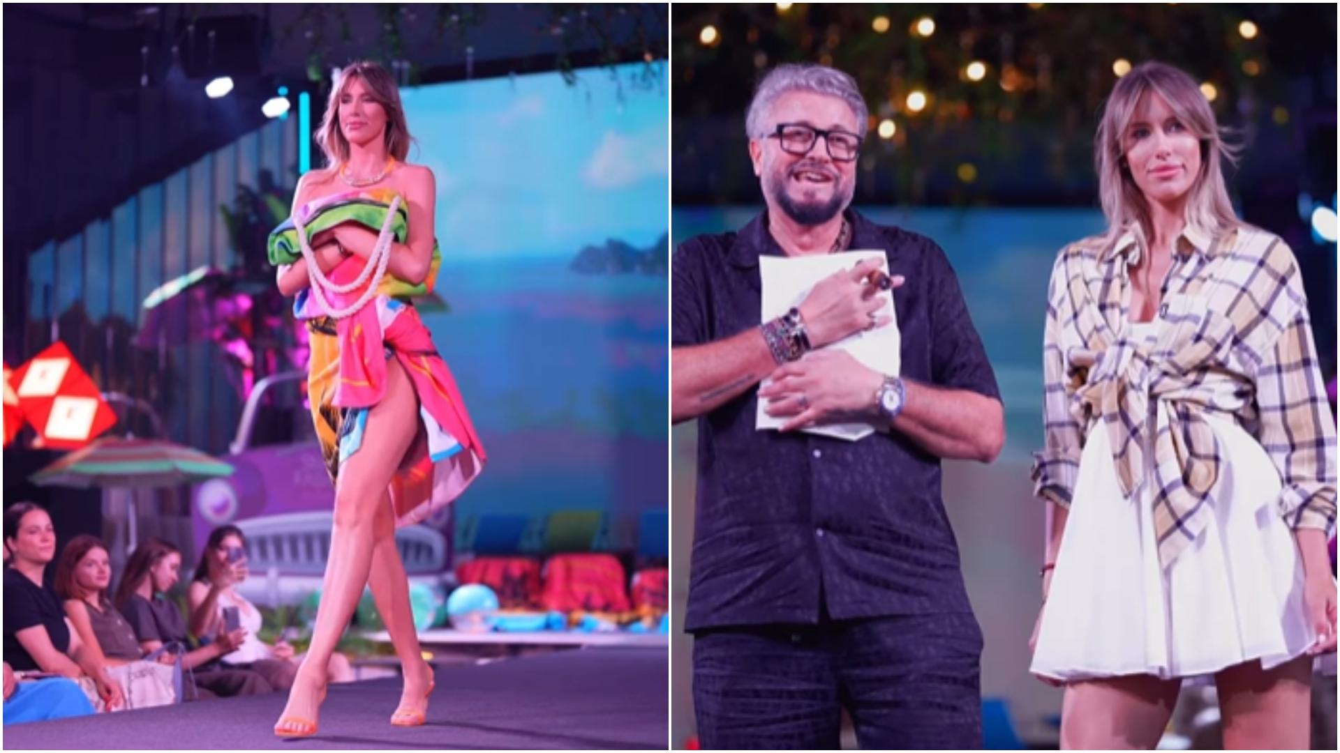 colaj foto gabriela prisacariu si catalin botezatu pe podium in timpul unei prezentari de moda