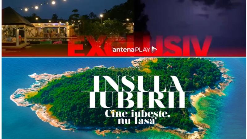 colaj foot cu sigla emisiunii insula iubirii sezonul 9 si cu vila concurentilor, noaptea, cu textul „exclusiv” in culoarea rosie