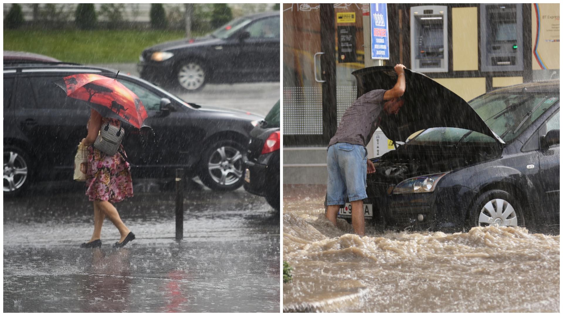 Colaj cu o femeie cu umbrela în ploaie și o mașină inundată