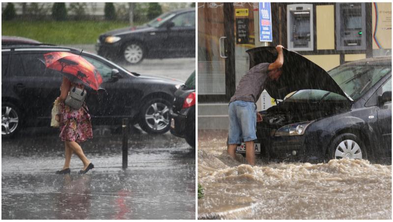 Colaj cu o femeie cu umbrela în ploaie și o mașină inundată