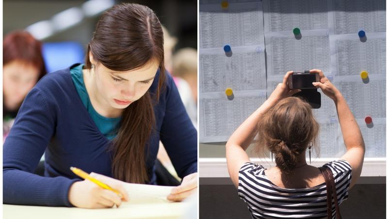 colaj foto cu candidat la examen si femeie care pozeaza note la avizier
