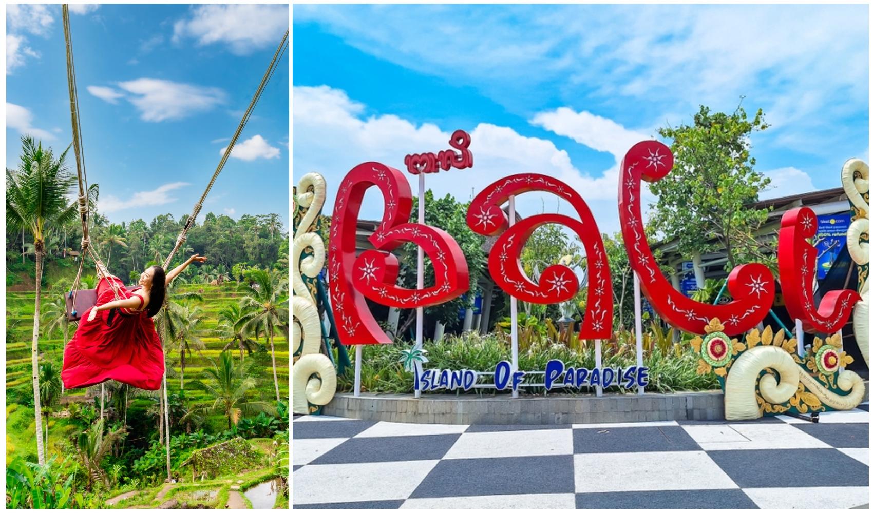 colaj foto cu femeie in rochie rosie in leagan si un cadru din bali