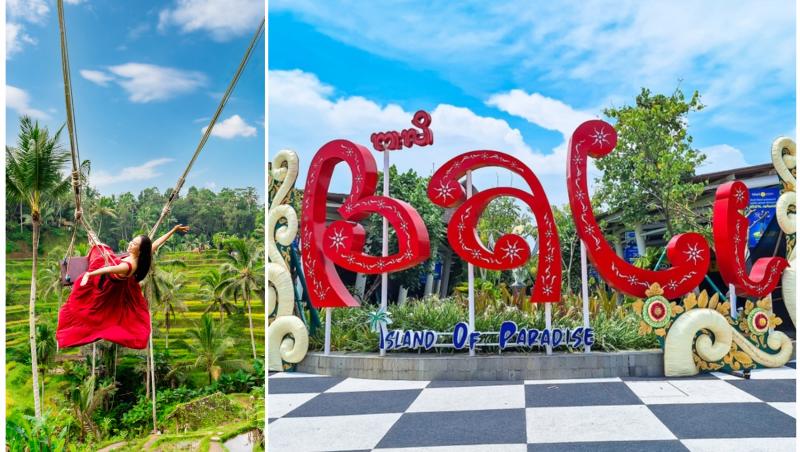 colaj foto cu femeie in rochie rosie in leagan si un cadru din bali