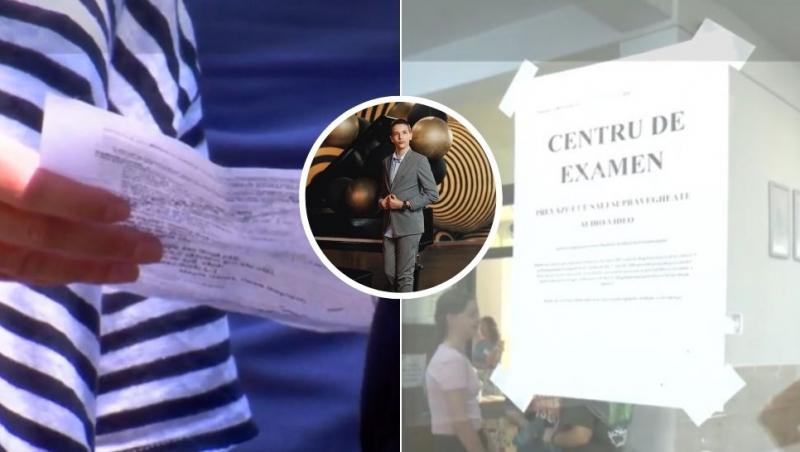 colaj persoană cu o foaie cu subiecte în mână, afiș centru de examen și vlad boancă