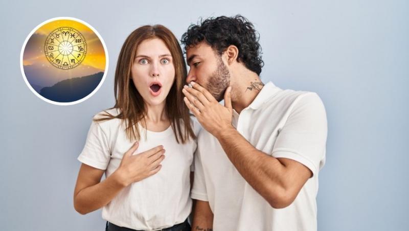 colaj bărbat care îi spune o bârfă unei femei și semnele zodiacale dispuse în cerc