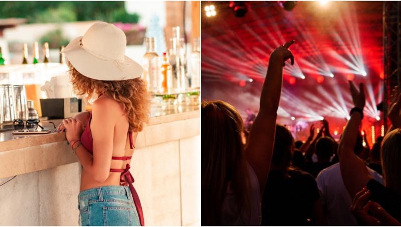 colaj foto o tanara imbracata in haine de vara care comanda ceva la bar si mai multe siluete la festival