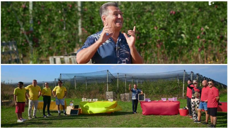 Nea Mărin, echipa galbenă și echipa roșie înainte să înceapă proba din livada cu meri