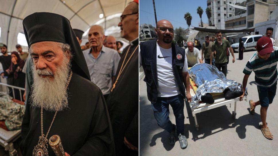 colaj Patriarhul romano-catolic de Ierusalim, Pierbattista Pizzaballa, şi omologul său ortodox grec, Teofil al III-lea, în gaza, oameni care cară victimele atacului israelian asupra bisericii catolice din gaza