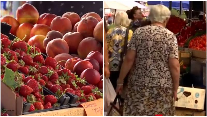 Fructe la tarabă într-o piață din România și o bătrânică care merge pe culoar