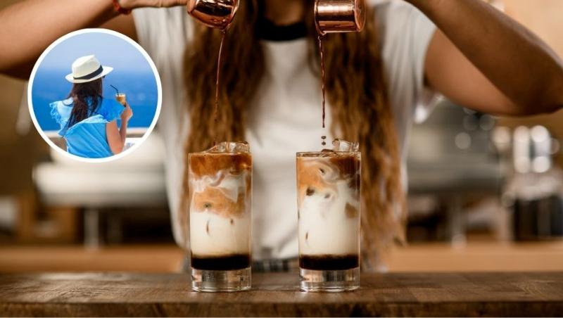 colaj femeie care pregătește frappe și femeie care bea frappe