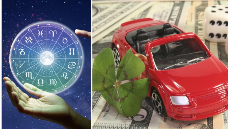 colaj foto cu cercul zodiilor si poza cu un trifoi, o masina si un zar