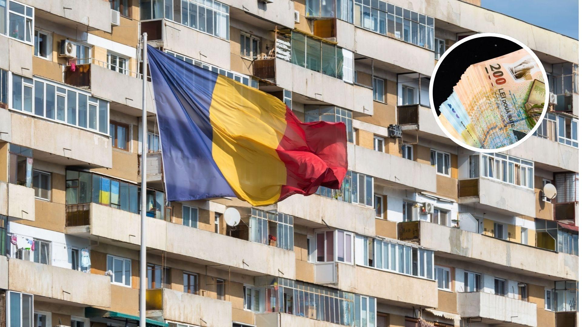 Un bloc din România, steagul țării și o imagine cu o mulțime de bancnote într-un cerc
