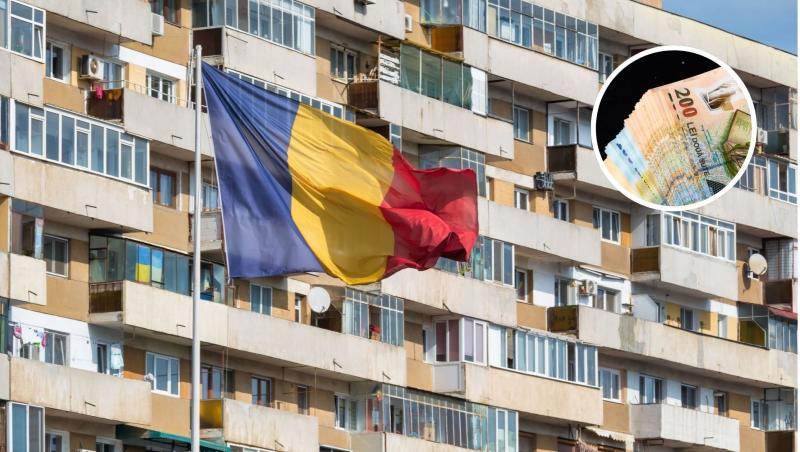 Un bloc din România, steagul țării și o imagine cu o mulțime de bancnote într-un cerc