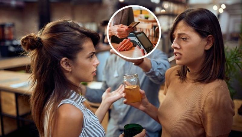 colaj două tinere certându-se într-un bar și femeie care plătește consumația cu cardul