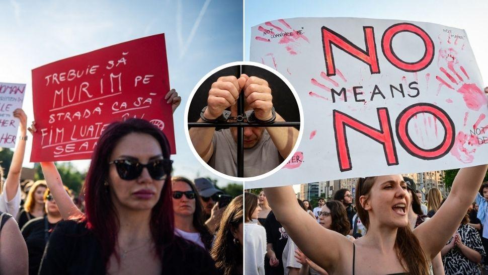 colaj oameni protestând pentru siguranța femeilor, bărbat încătușat în spatele gratiilor