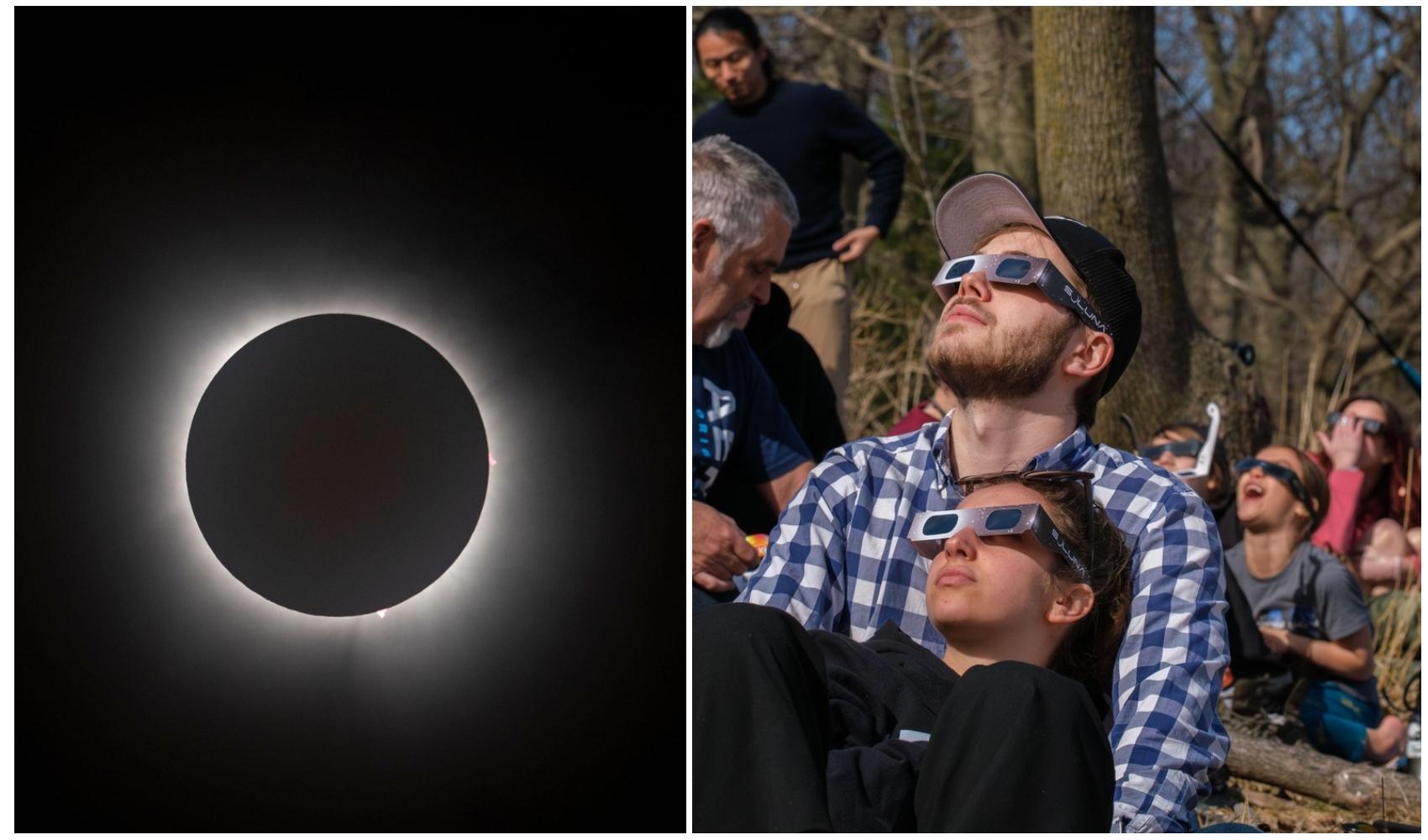 imagine cu soarele in timpul unei eclipse si oameni care privesc prin ochelari speciali eclipsa de soare