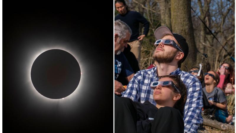 imagine cu soarele in timpul unei eclipse si oameni care privesc prin ochelari speciali eclipsa de soare
