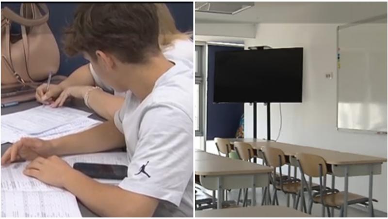 Elevi care completează documente pentru înscrierea la liceu și o clasă de curs