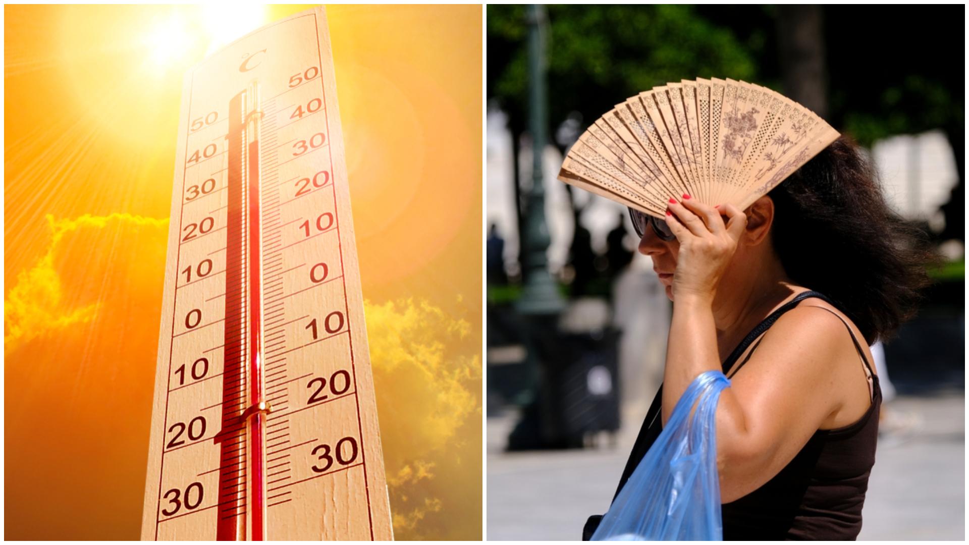 Soarele arzător și un termometru și o femeie care se plimbăi într-o zi fierbinte, ținând în mână un evantai și o pungă