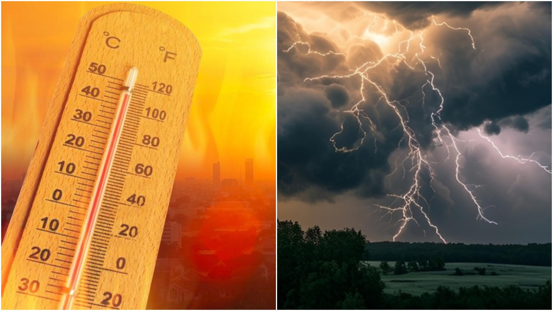 colaj foto termometru cu tempertauri ridicate si averse de ploaie
