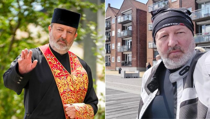 colaj claudiu istodor în haine preoțești pentru serial și claudiu istodor în vacanță cu motorul