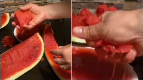 „Așa ceva în viața mea n-am văzut” Imaginile virale cu o femeie care stoarce o felie de pepene și este uimită de apa care iese