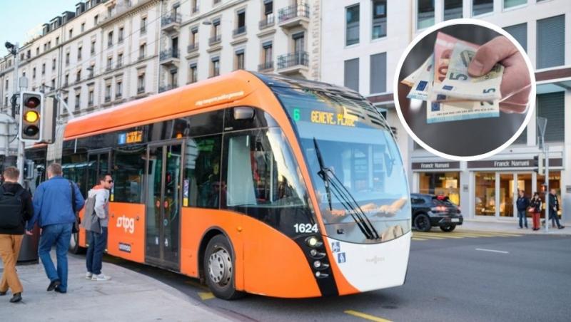 colaj oameni în stația de autobuz și un autobuz portocaliu și mână care ține niște bani