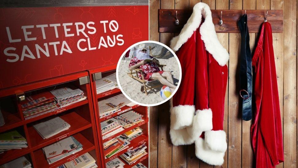 colaj scrisori pentru moș crăciun, hainele lui moș crăciun în cuier, moș crăciun la plajă