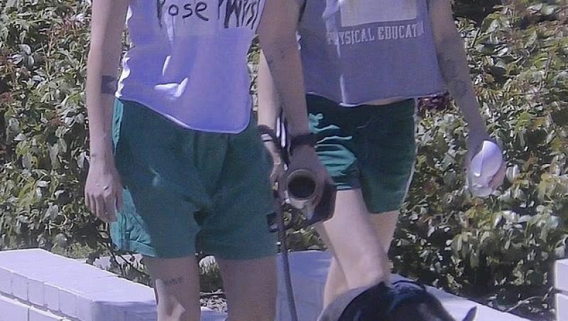 Kristen Stewart alături de Dylan Meyer, ambele îmbrăcate în ținute casual, plimbându-și câinele