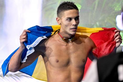 David Popovici, în finala probei de 100 m liber la Mondialele din Singapore 2025. S-a calificat cu al doilea cel mai bun timp
