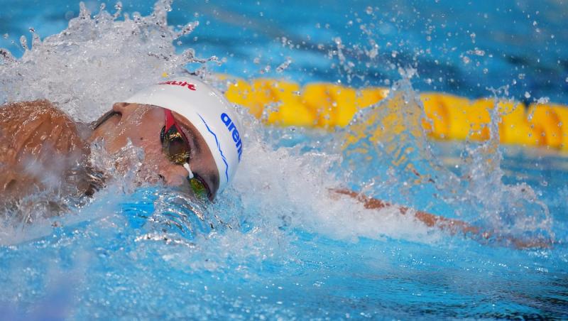 David Popovici, în finala probei de 100 m liber la Mondialele din Singapore 2025. S-a calificat cu al doilea cel mai bun timp