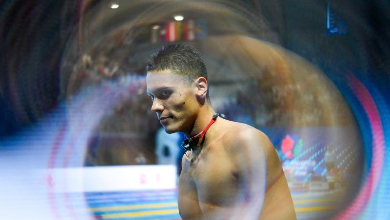 David Popovici, în finala probei de 100 m liber la Mondialele din Singapore 2025. S-a calificat cu al doilea cel mai bun timp