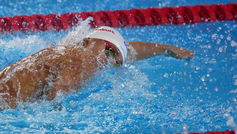 David Popovici, în finala probei de 100 m liber la Mondialele din Singapore 2025. S-a calificat cu al doilea cel mai bun timp