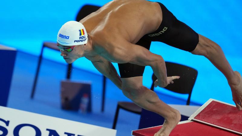 David Popovici, în finala probei de 100 m liber la Mondialele din Singapore 2025. S-a calificat cu al doilea cel mai bun timp