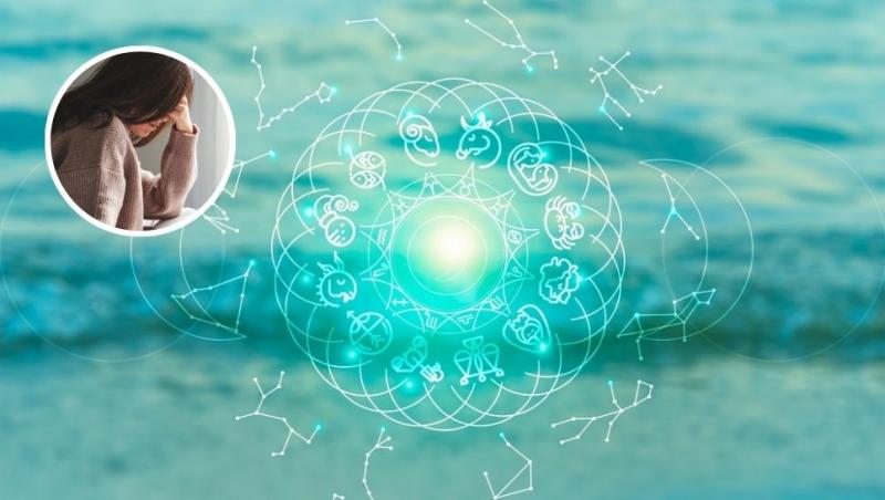 colaj semne zodiacale dispuse în cerc, iar pe fundal apă și o femeie cu capul în mâini