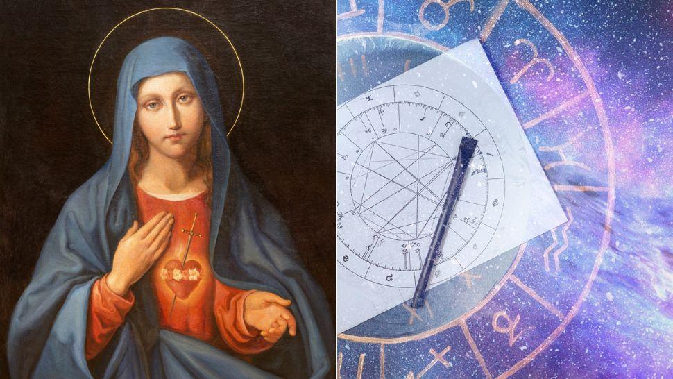 colaj fecioara maria și semnele zodiacale, iar pe fundal o foaie și creion