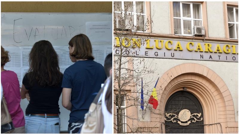 Colaj cu elevi care se uită pe fișe și intrarea unui liceu din București