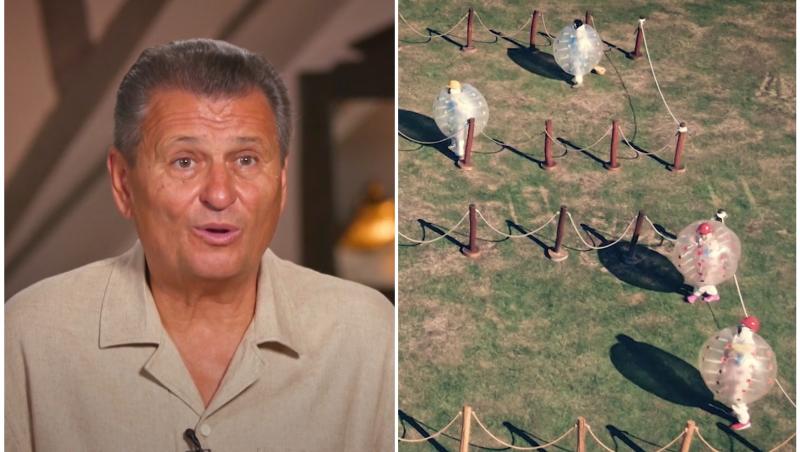 colaj foto cu nea marin si poza cu vedetele la joc, imbracate in mingi gonflabile