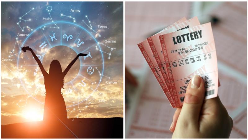 Colaj cu o silueta de femeie care privește către cer iar în jurul ei sunt semne zodiacale și o persoană cu bilete loto în mână