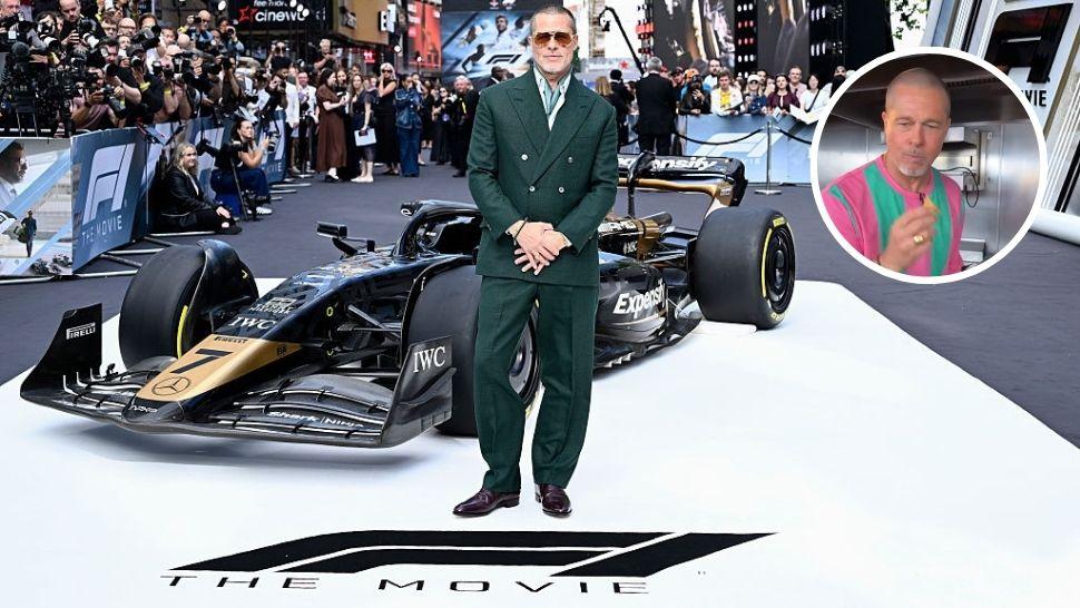 colaj brad pitt la premiera f1 din new york cu un monopost de formula 1 și brad pitt mâncând