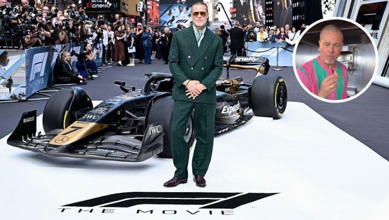 colaj brad pitt la premiera f1 din new york cu un monopost de formula 1 și brad pitt mâncând