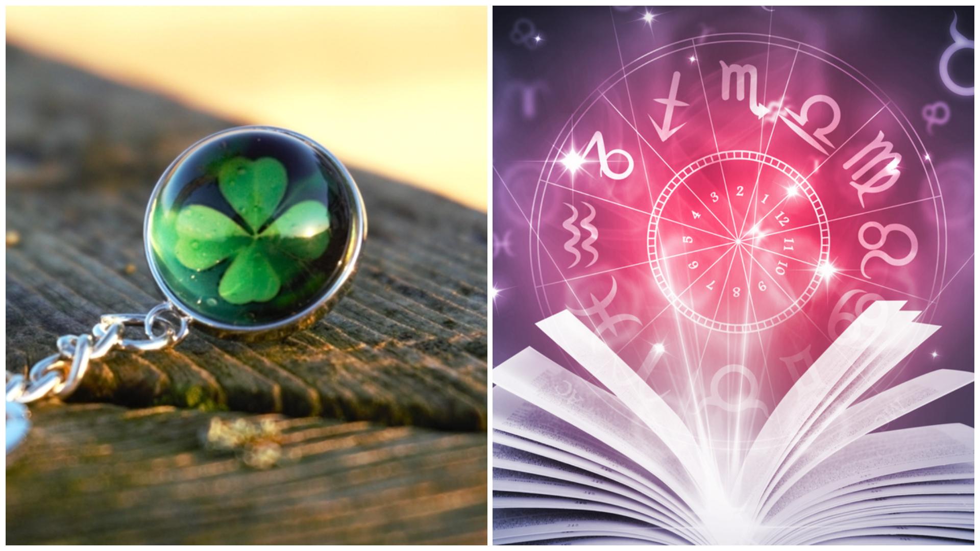 Colaj cu un breloc ce are un trifoi cu patru foi și semne zodiacale în jurul unei cărți deschise