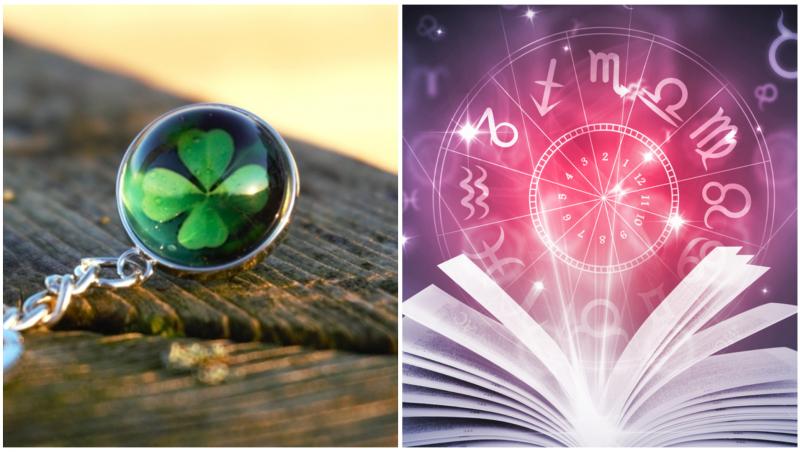 Colaj cu un breloc ce are un trifoi cu patru foi și semne zodiacale în jurul unei cărți deschise