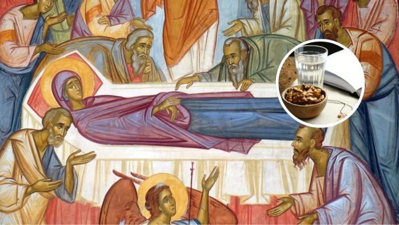 colaj icoană adormirea maicii domnului și pahar de apă, pâine și carte de rugăciune