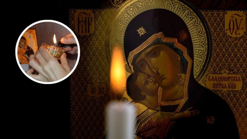 colaj lumânare aprinsă în fața icoanei fecioarei maria cu pruncul și mână care aprinde o lumânare în fața icoanei
