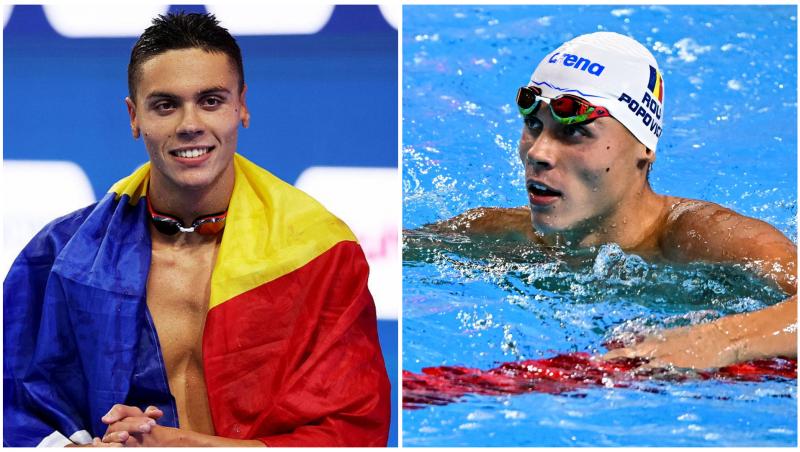 Colaj cu David Popovici în două ipostaze diferite la bazinul de înot