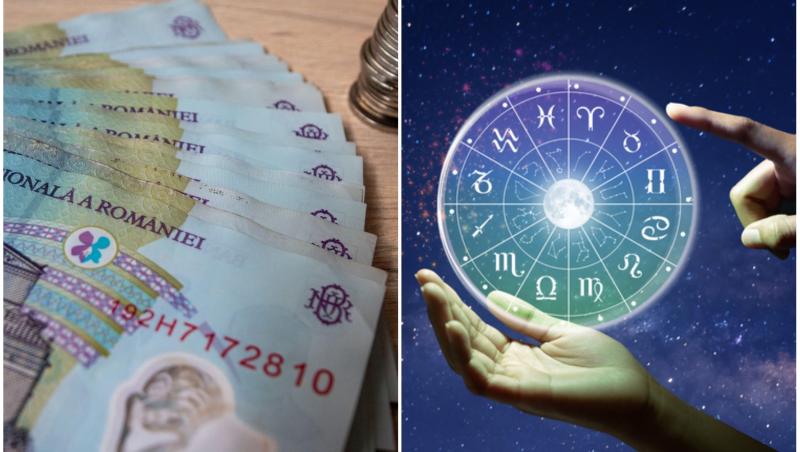 colaj foto cu teanc de bani si cerc cu cele 12 zodii